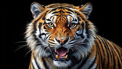 Fototapeta premium The majestic roar of a tiger, its orange and black stripes a stark contrast to the deep black background, captures the essence of raw power and untamed beauty.