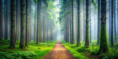 A solitary pathway winds through a dense, verdant forest shrouded in a mystical veil of fog, revealing glimpses of sunlight dappling the woodland floor