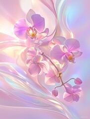 Fototapeta premium 3D abstract background featuring pink orchids against a flowing, iridescent backdrop with soft curves and a glossy, silk-like texture