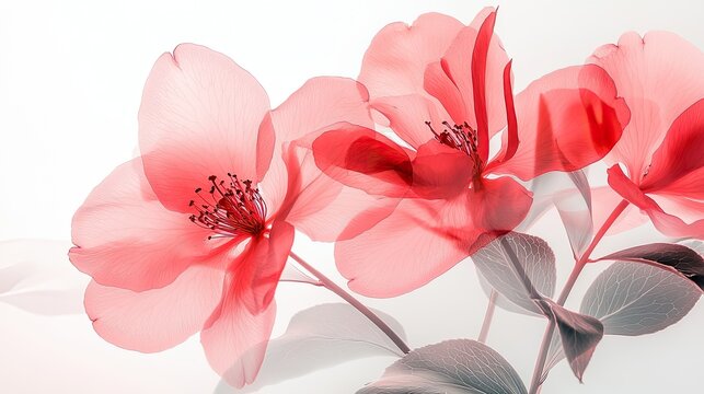 Close-up X-ray of translucent pink camellias, set against a simple white background with a frosted glass blur overlay