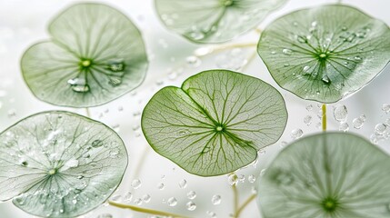 3D close-up X-ray of translucent green Centella asiatica leaves with dewdrops on a minimalist white background