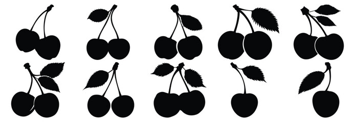 Cherry silhouettes set, fruit pack of vector silhouette design, isolated background