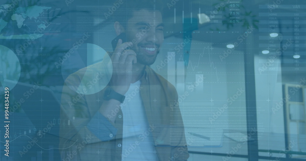 Poster image of diagrams and data processing over biracial businessman using smartphone