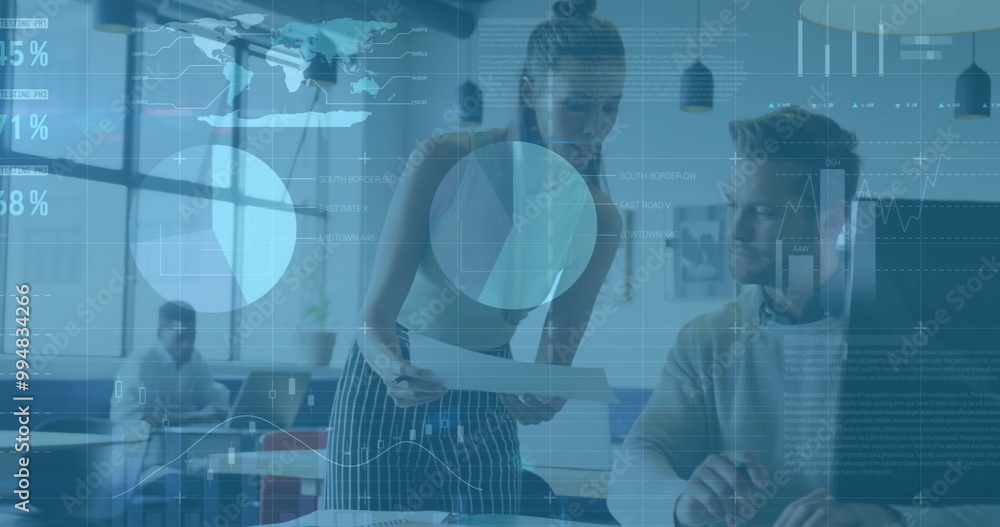 Poster image of diagrams and data processing over diverse colleagues discussing work