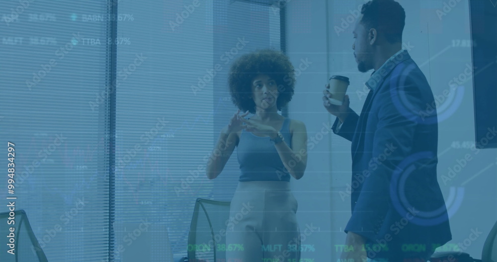 Poster image of diagrams and data processing over diverse colleagues discussing work