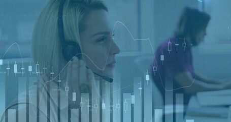Image of diagrams and data processing over diverse colleagues using phone headsets