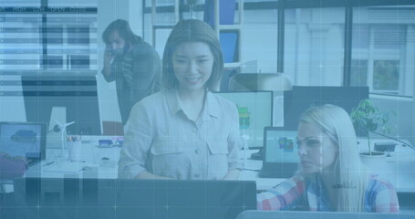 Image of diagrams and data processing over diverse colleagues discussing work