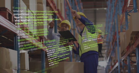 Image of data processing over diverse male workers in warehouse