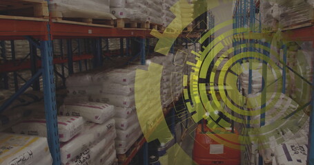 Image of scope scanning over worker using lift truck in warehouse