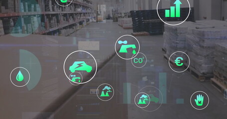 Image of ecology icons and data processing over warehouse