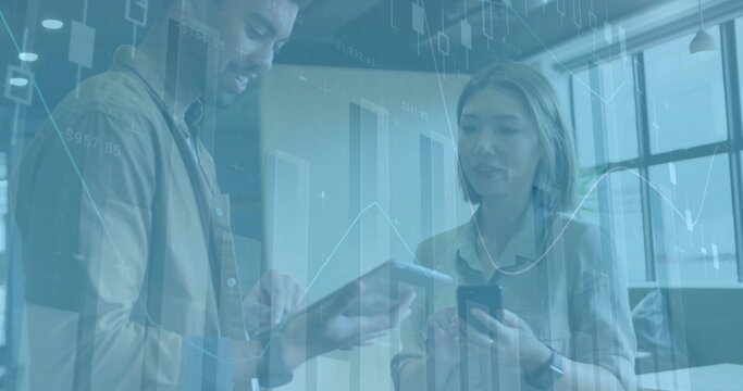 Image of diagrams and data processing over diverse colleagues discussing work