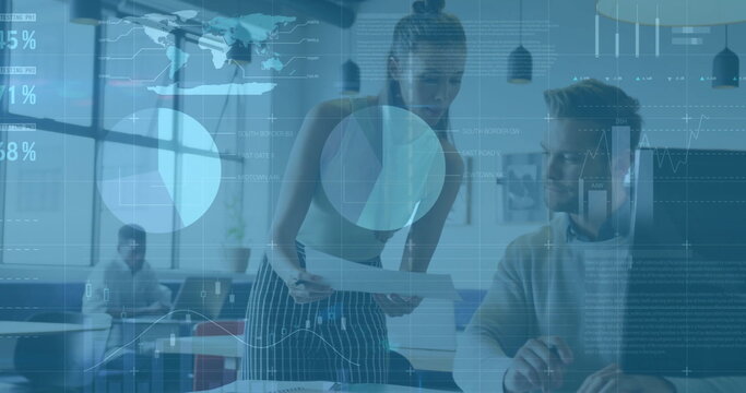 Image of diagrams and data processing over diverse colleagues discussing work