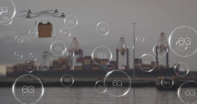 Image of 6g and drone with box over cargo ship - Powered by Adobe