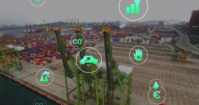 Image of ecology icons over container port - Powered by Adobe