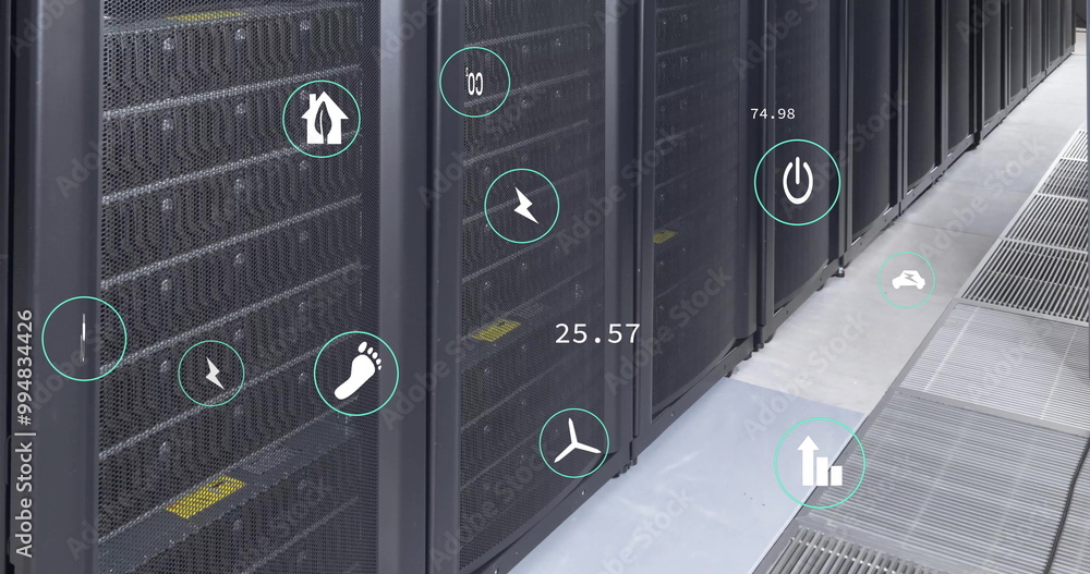 Poster image of ecology icons and data processing over server room