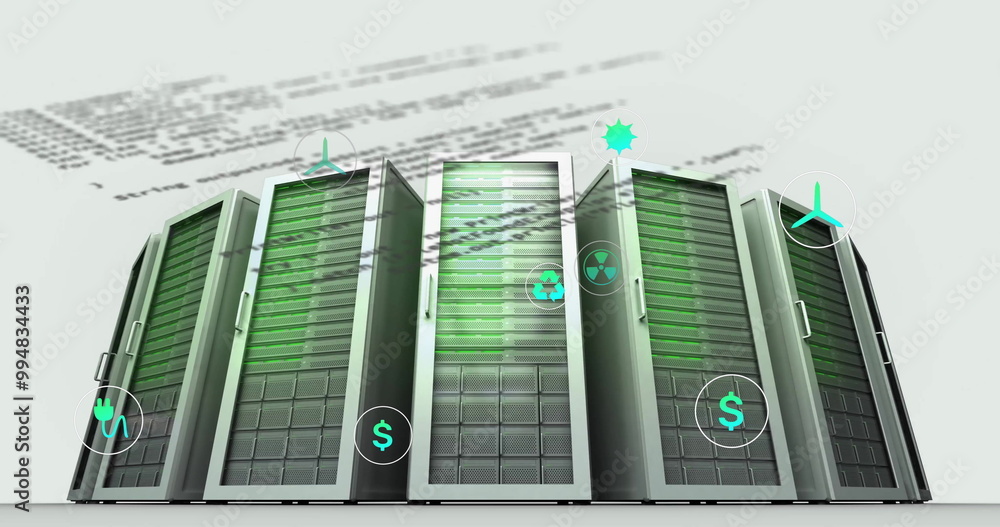 Poster image of ecology icons and data processing over server room