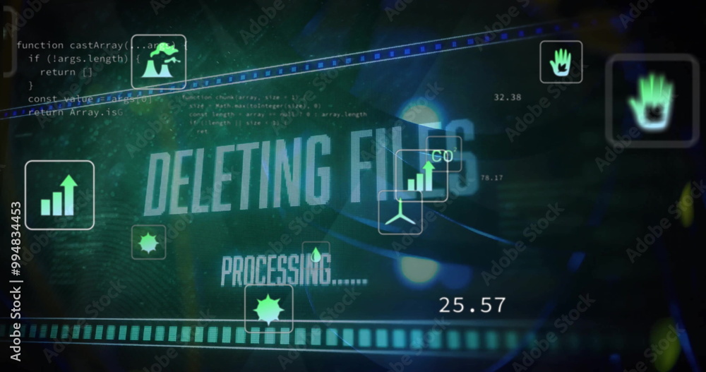 Poster image of ecology icons and data processing on black background