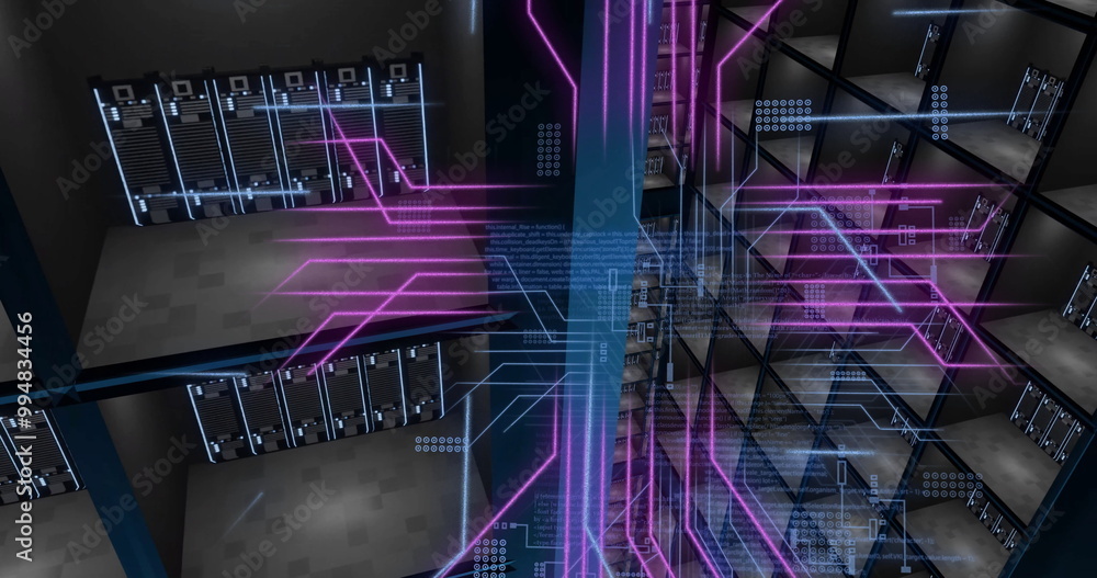 Poster image of circuit board and digital data processing over computer servers