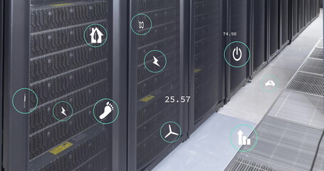 Image of ecology icons and data processing over server room
