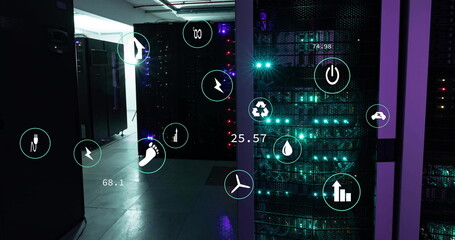 Image of ecology icons and data processing over server room