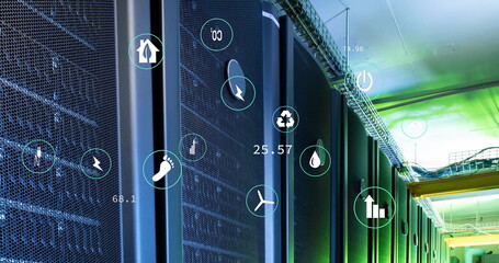 Image of ecology icons and data processing over server room