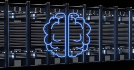 Image of ai brain and digital data processing over computer servers