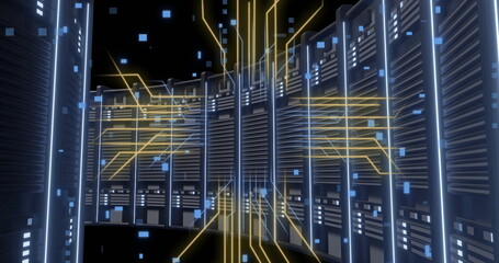 Image of circuit board and digital data processing over computer servers