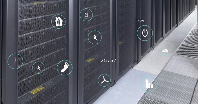 Image of ecology icons and data processing over server room