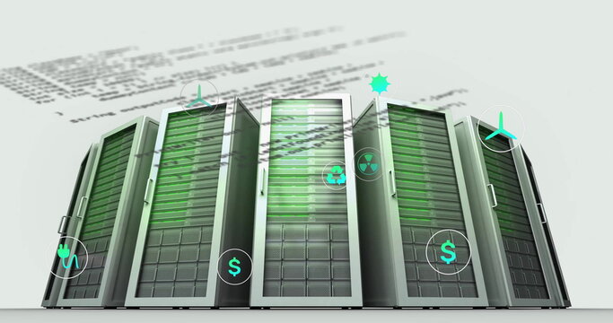 Image of ecology icons and data processing over server room