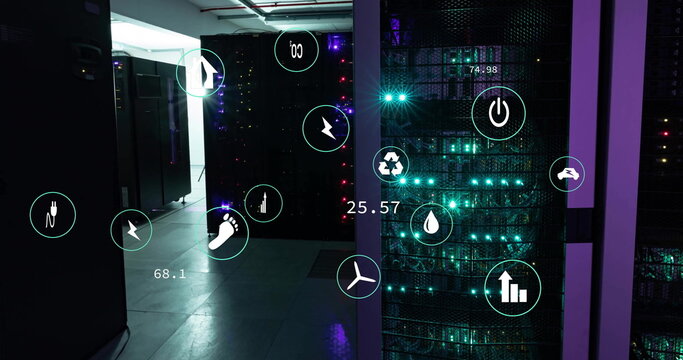Image of ecology icons and data processing over server room