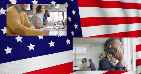 Image of flag of usa over diverse business people in office