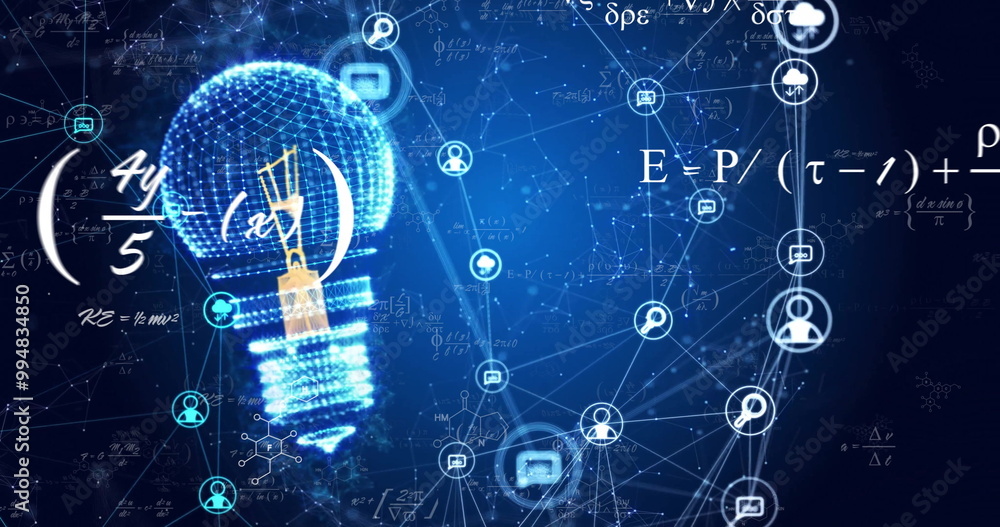 Poster image of mathematical equations, light bulb and communication networks on dark background