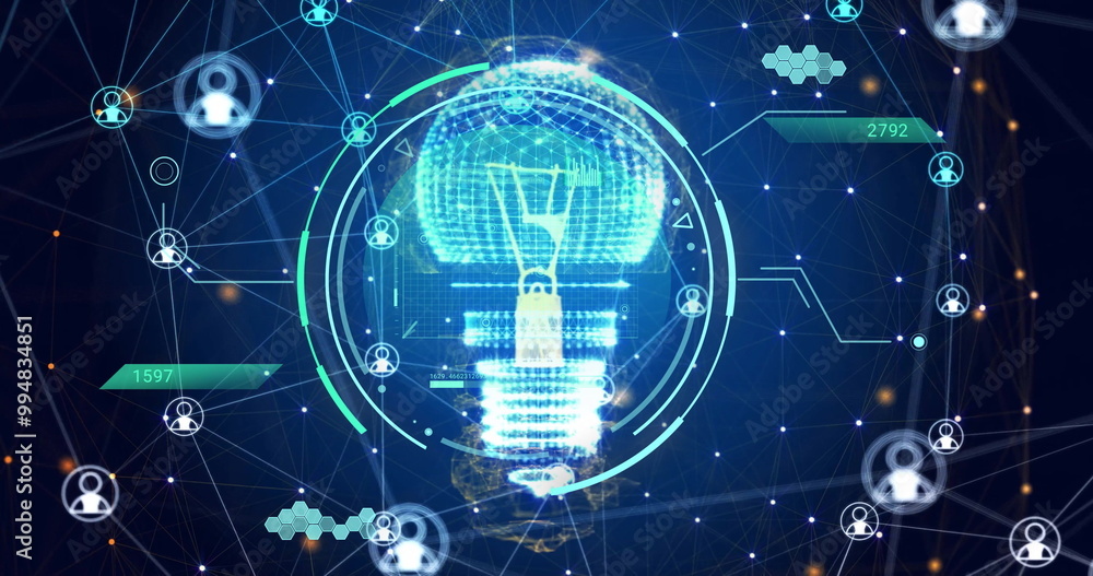 Poster image of scanner, processing data, light bulb and communication networks on dark background