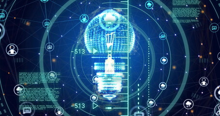 Image of scanner, processing data, light bulb and communication networks on dark background