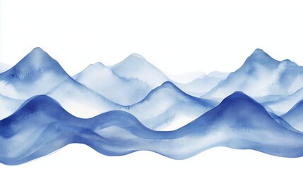 Obraz premium Indigo and light blue waves flow over mountains on a white backdrop, evoking tranquility and nature.