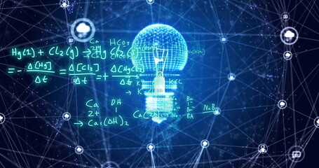 Image of chemical equations over light bulb and networks on dark background