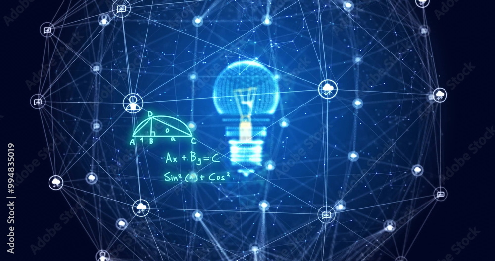 Poster image of mathematical equations over light bulb and networks on dark background