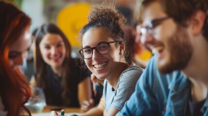 Fototapeta premium Smiling young woman in a group of friends, happiness, teamwork, collaboration, and youth culture
