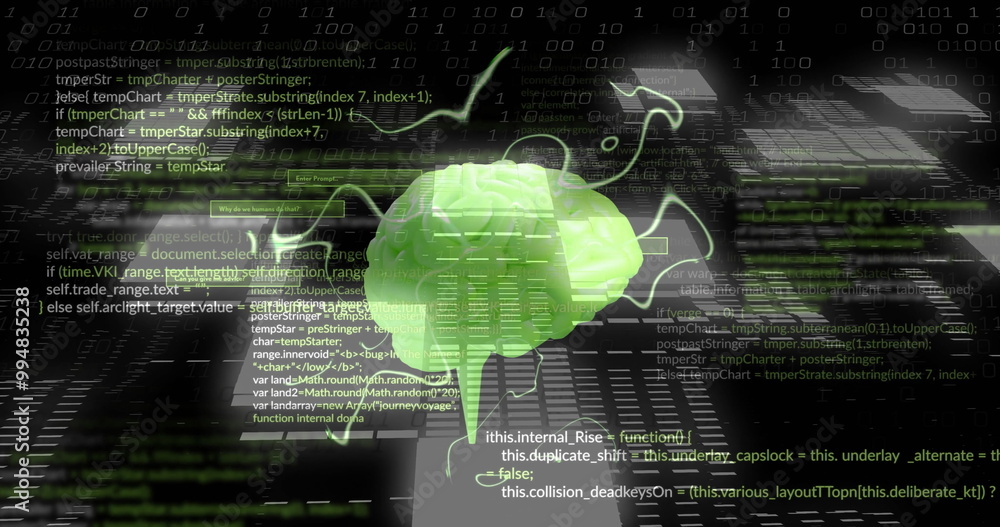Poster image of glowing brain and digital data processing over black background