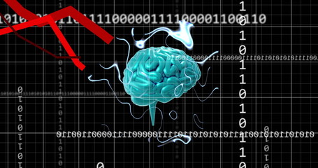 Image of brain, binary coding and digital data processing over black background