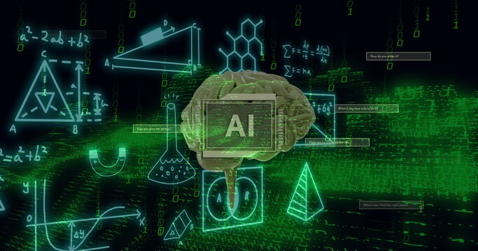 Image of ai text, brain and digital data processing over black background