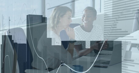 Image of financial data processing over diverse business people in office