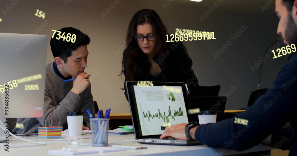Aufkleber image of data processing over diverse collleagues working in office