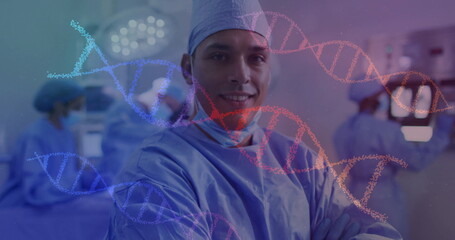 Image of dna strands over biracial male surgeon