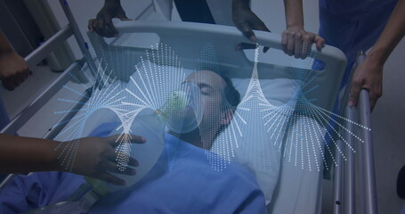 Image of dna strands over diverse doctors with patient in hospital