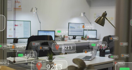 Social media notifications image over modern office workspace with computers