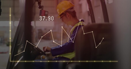 Image of financial data processing over asian worker using lift truck in warehouse