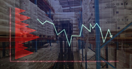 Image of financial data processing over worker using lift truck in warehouse