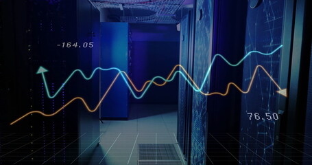 Image of financial data processing over server room