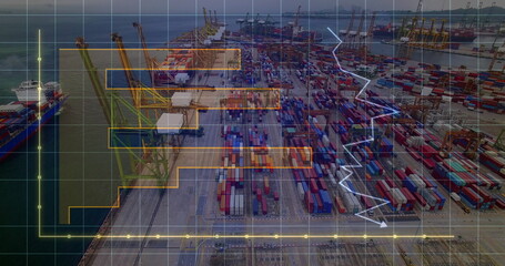 Image of financial data processing over shipyard